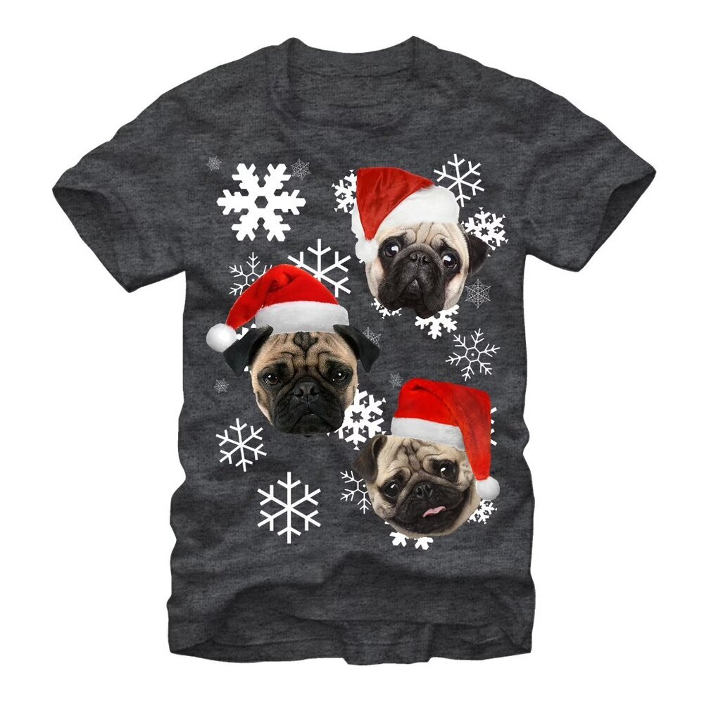 Lost Gods Ugly Christmas Pug Graphic Tee Charcoal Heather Unisex Size S